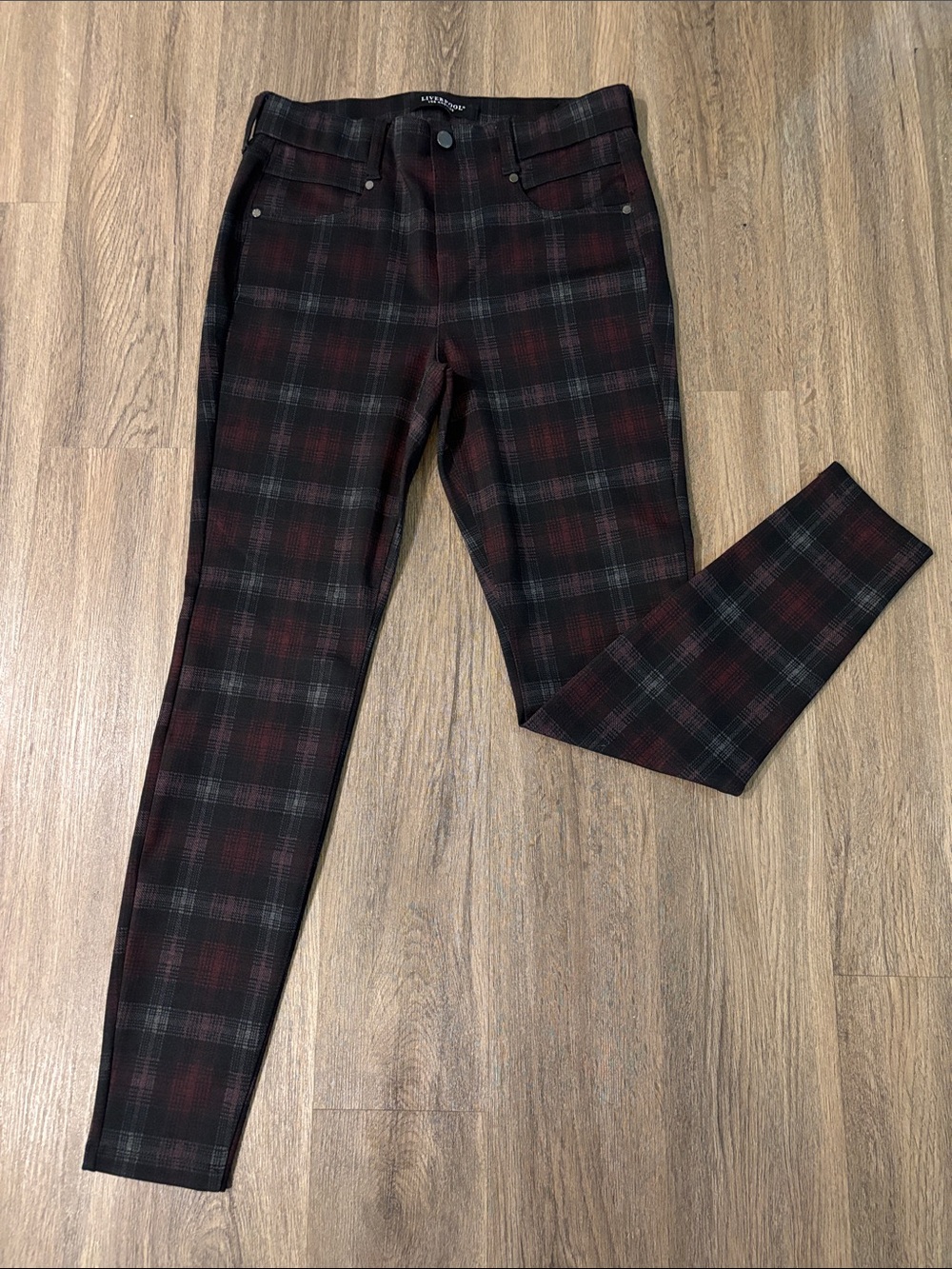 Liverpool Women’s Skinny Jeans - Black & Burgundy Plaid
